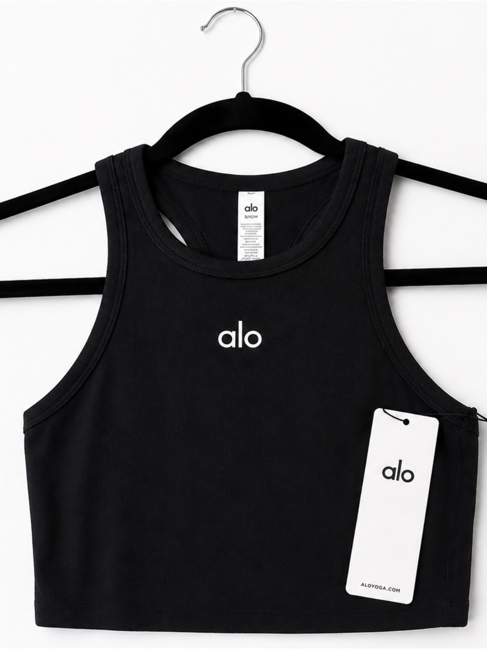 ALO Yoga Black Cropped Racerback Tank with White Logo